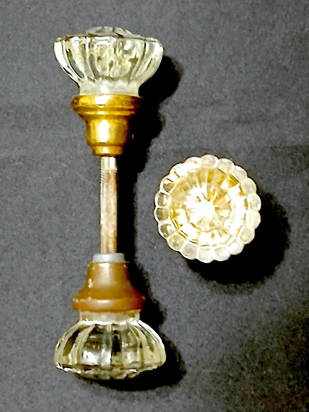 Lot of 3 Vintage Glass Door Knobs w/ Original 3.5" Spindle Brass Hardware Antiqu